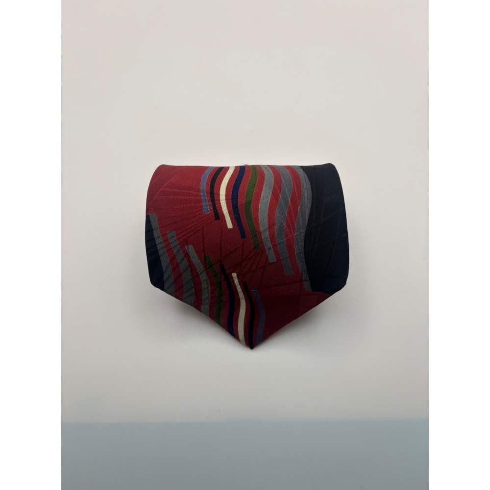 Zylos George Machado Silk Tie Burgundy Red Navy Blue Abstract Geometric Stripe
